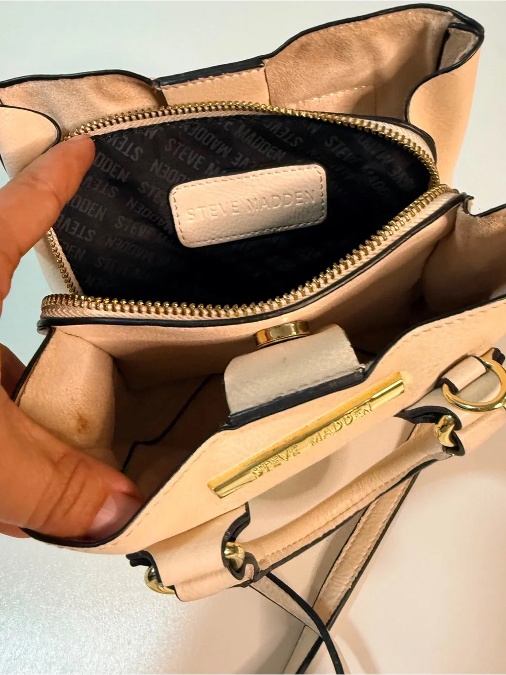 Beige Leather Satchel Handbag with Gold Hardware